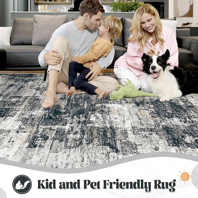XLUEZ 8x10 Area Rugs for Living Room, Washable Modern Abstract Large Area Rug Neutral Soft Non Slip Kids Rug Stain Resistant Indoor Carpet for Bedroom Nursery Dining Room Playroom(BlackGrey, 8'x10')
