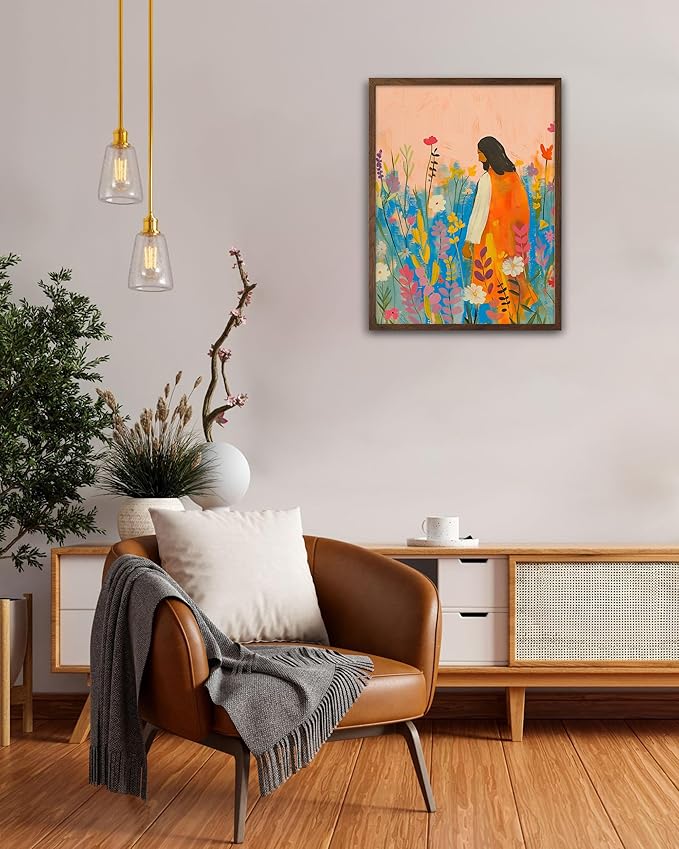 EcoHest Walnut Color OAK Wood Jesus Framed Wall Art, 12x16in The Wildflowers Bible Verse Christian Wall Art, Modern Bedroom Decor For Living Room Bathroom Religious Gift 1Pack