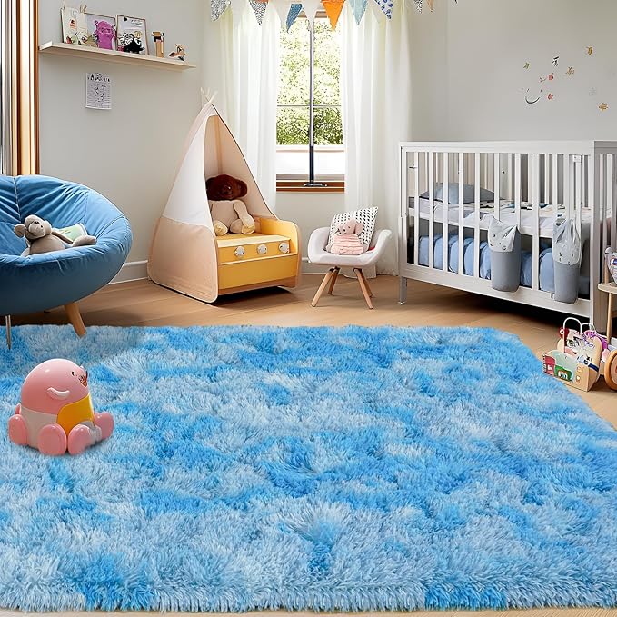5x7 Fluffy Fuzzy Area Rug for Living Room Bedroom, Ultra Soft Rugs for Living Room, Modern Shaggy Carpets Rug for Boys Girls Dorm Nursery Home Decor Aesthetic, Upgrade Non-Slip Durable, Tie-Dye Blue