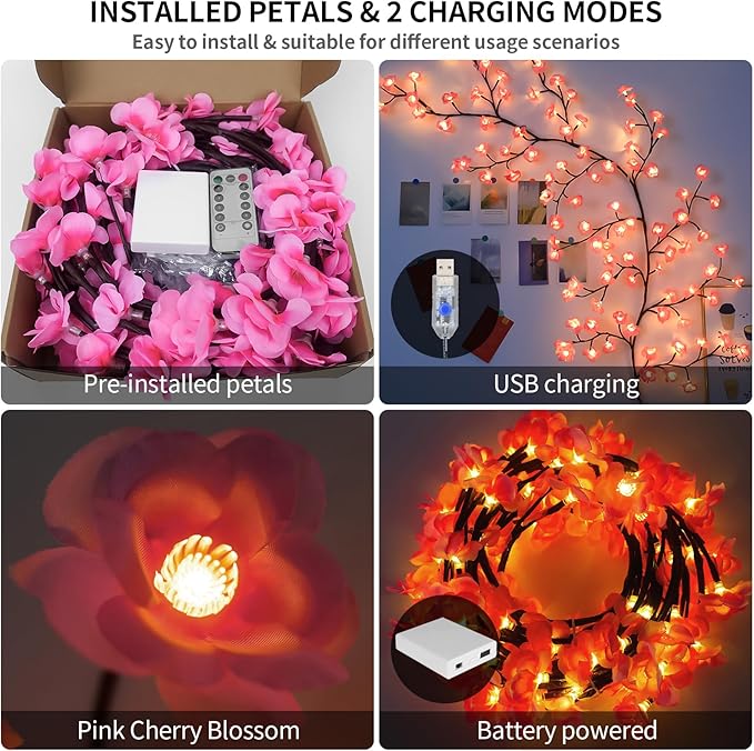 FNHMSL Cherry Enchanted Willow Vine Lights, 6FT 96LED Pink Cherry Blossom Tree Branch Lights for Wall, Remote Timer,8 Light Model,Bedroom Wall Doors Wedding, Christmas, USB Battery Box