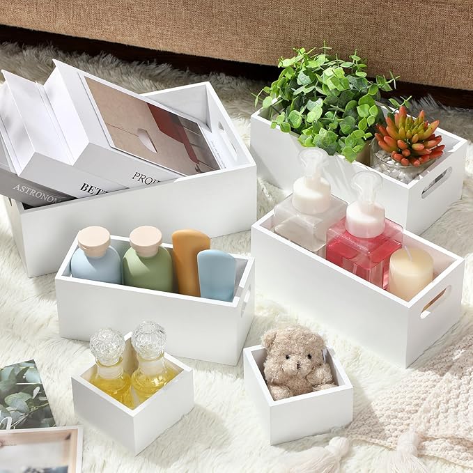 Set of 6 Wood Storage Boxes with Handles Wooden Nesting Crates Rustic Farmhouse Storage Container for DIY Crafts Party Home Table Decoration Display(White)