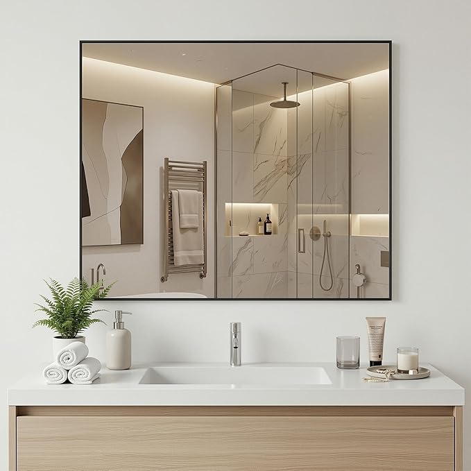 Antok 30x36 Black Metal Framed Bathroom Mirror, Wall Mirror with Rect Corners, Vanity Mirror for Over Sink, Anti-Rust Tempered Glass, Horizontal/Vertical Hanging for Bathroom, Living Room, Entryway