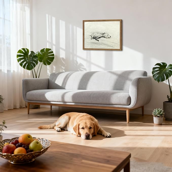 Framed Dog with Zoomies Canvas Wall Art, Vintage Dog Flight Poster Print, Sketch Running Little Pictures Decor, Black and White Silly Wall Decor for Living Room Bedroom – 12x16 inch