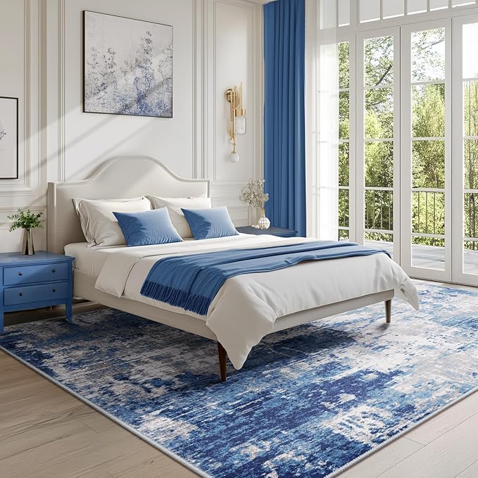 RELEANY Washable Area Rugs 4'x5' Non-Slip Modern Abstract Soft for Living Room Entryway Bedroom Nursery, Print Pattern, Blue Grey Navy Gray