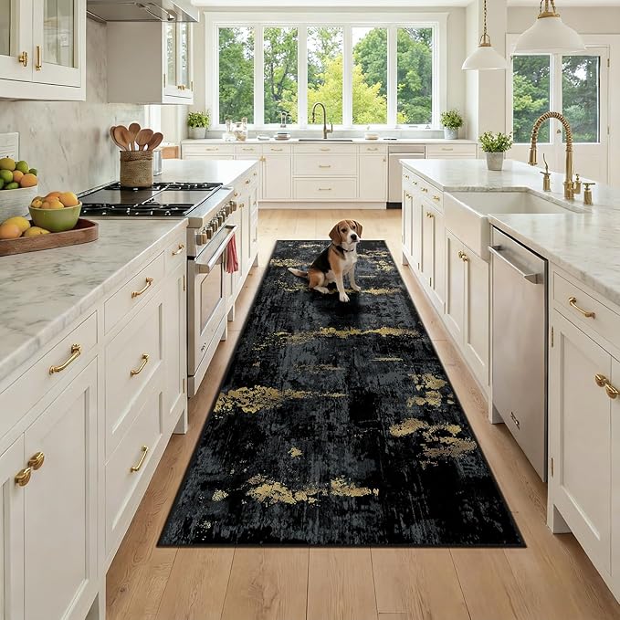RELEANY Washable Area Rugs 3x8 Non-Slip Modern Abstract Soft for Living Room Entryway Bedroom Nursery, Print Pattern, Dark Black Gold