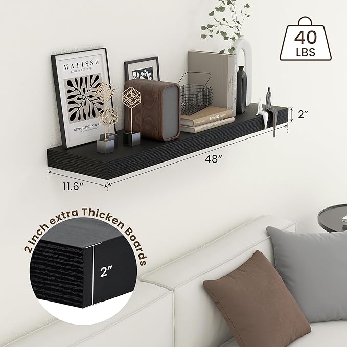 FLYJOE 48 Inch Black Floating Shelf | 12 Inch Deep Floating Shelves Set of 1 | 48" D x 12" D Rustic Wood Shelves for Wall | Deep Black Shelves for Living Room Bathroom Laundry Room Kitchen