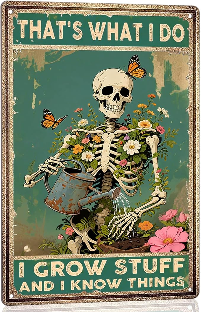 Retro Skull Garden Metal Signs Vintage Skull Poster Gardening Sign - That's What I Do I Grow Stuff and I Know Things Sign, Wildflower & Butterfly Wall Decor for Home Kitchen Farm Garden Gift 8x12inch
