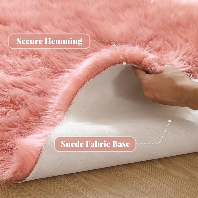 ORINOVA Pink Shag Washable 5x7 Area Rugs for Living Room Big Fluffy Sheepskin Fur Rug for Bedroom Shaggy Nursery Rug