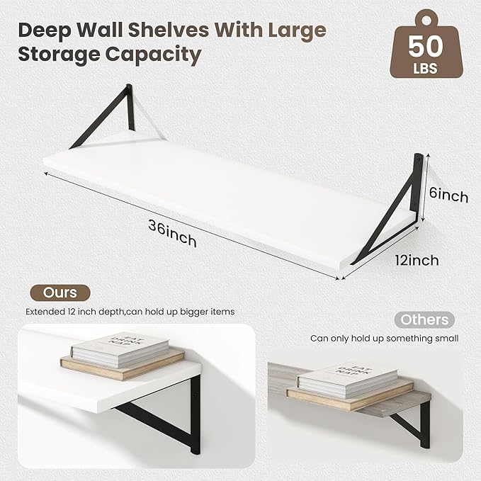 Marsmiles White Floating Shelves for Wall - 36 Inch Wide x 12 Inch Deep Wall Shelves Set of 2 - Wood Floating Shelves for Living Room Bedroom Bathroom