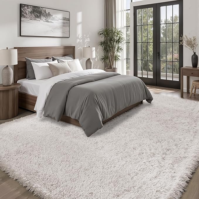 8x10 Area Rugs for Living Room Bedroom: White Soft Fluffy Shag Upgrade Non-Slip High Pile Carpet Large Fuzzy Plush Indoor Floor Decor Shaggy Rug for Kid Boys Girls Dorms Playroom Nursery Modern Home