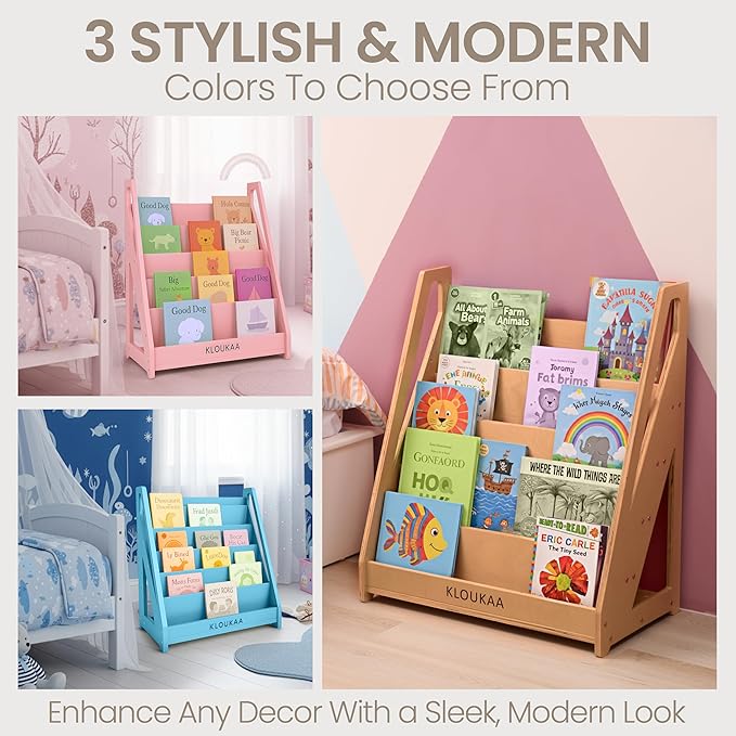 Kids Book Shelf Organizer, Wooden Children’s Bookcase with Front-Facing Storage for Toddlers & Kids (Blue)