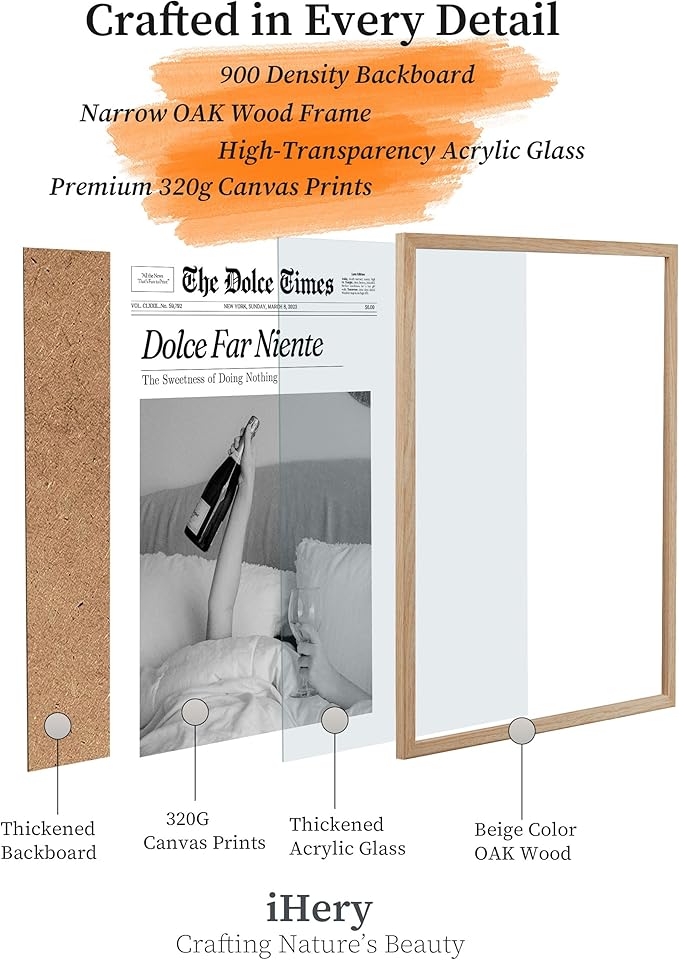 iHery Dolce Far Niente Framed Trendy NewsPaper Wall Art, Natural OAK Wood Large 16x20in Canvas Wall Art Bedroom,The Sweetness of Doing Nothing,La Dolce Vita Home Decor For Living Room Dorm 1Pack