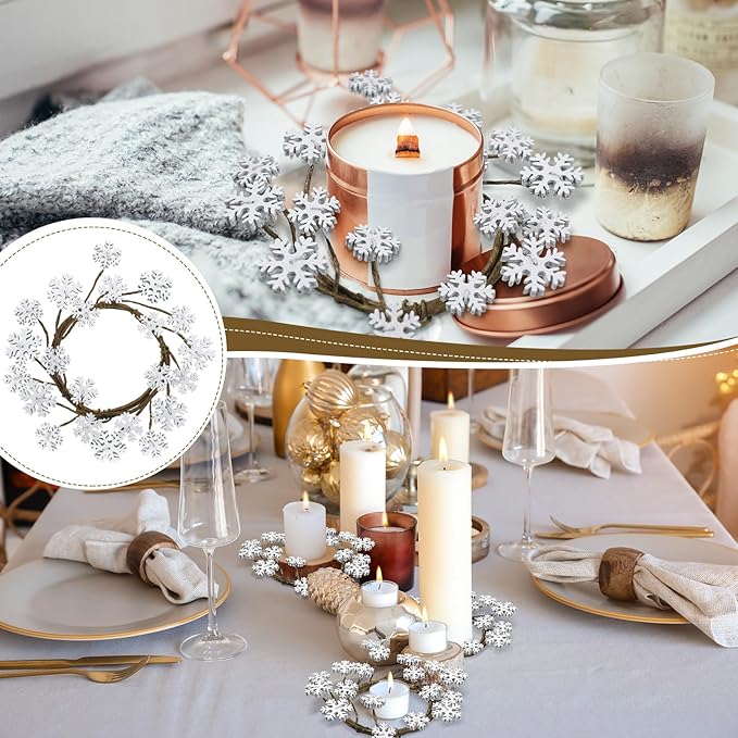 Daifunli 2 Pcs Winter Candle Rings Snowflake Wreath Glitter Vintage Wood Wreaths for Pillar 3.9 Inch Frosty Candles Holder for Winter Christmas Xmas Wedding Home Rustic Table Centerpiece Decor