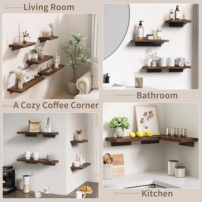 Danpoo 12 inch Solid Walnut Floating Shelf - Versatile Wall Shelf for Kitchen, Bathroom, Office, Displaying Books, Decor, and Plants