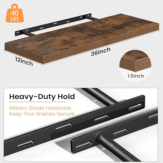 36 Inch Floating Shelves for Wall, 12 Inch Deep Shelves for Bedroom, Kitchen, Bathroom Wall Mounted, Rustic Wood Floating Shelf with Invisible Brackets for Books, Storage, Decor, Brown, 2 Pack