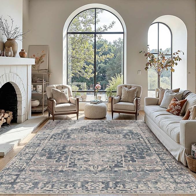 Rugxara 6x9 Area Rugs for Living Room Bedroom, Large Washable Rug, Blue Vintage Floral Boho Style, Non Slip & Low Pile Carpet for Indoor Dining Room, Dorm and Kids Room(Blue 6x9ft)