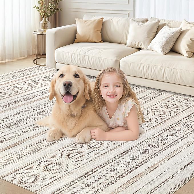 cotiled 6x9 Area Rug Living Room: Washable Boho Rugs with Non Slip Backing Large Soft Indoor Stain Resistant Carpet for Bedroom Farmhouse Dining Room Lightweight Home Decor Cream Brown