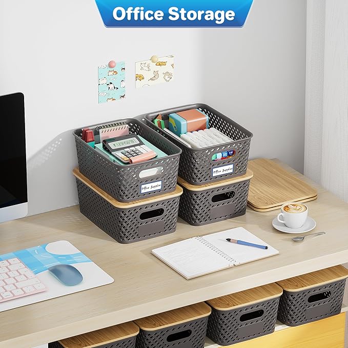 Anysig 8 Packs Plastic Storage Bins with Bamboo Lids - Stackable Storage Bins Decorative Small Basket Containers for Organizing Shelves Office Classroom Desktop Closet, Grey