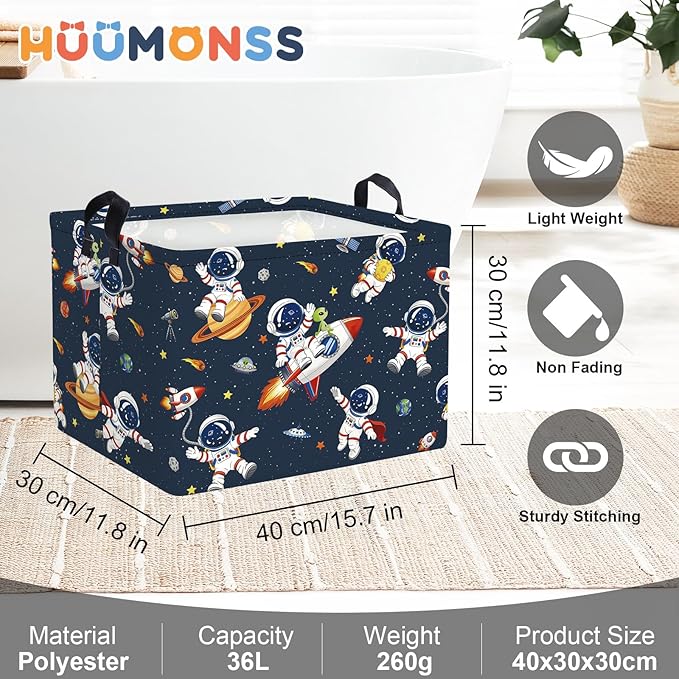 Space Rockets Laundry Hamper Cartoon Astronaut Large Storage Basket Planet Collapsible Parents Organizer Boys Clothes Toy Bins for Bedroom, Bathroom, Alien, 36L