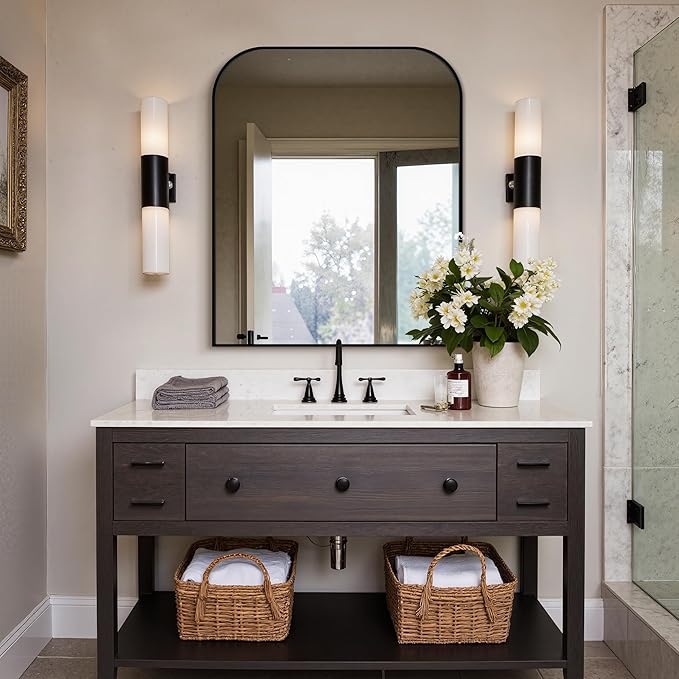 Delma Bathroom Vanity Mirror,36" x 30" Black Metal Framed Wall Mirror for Over Sink, Living Room, Bedroom,Entryway Decor