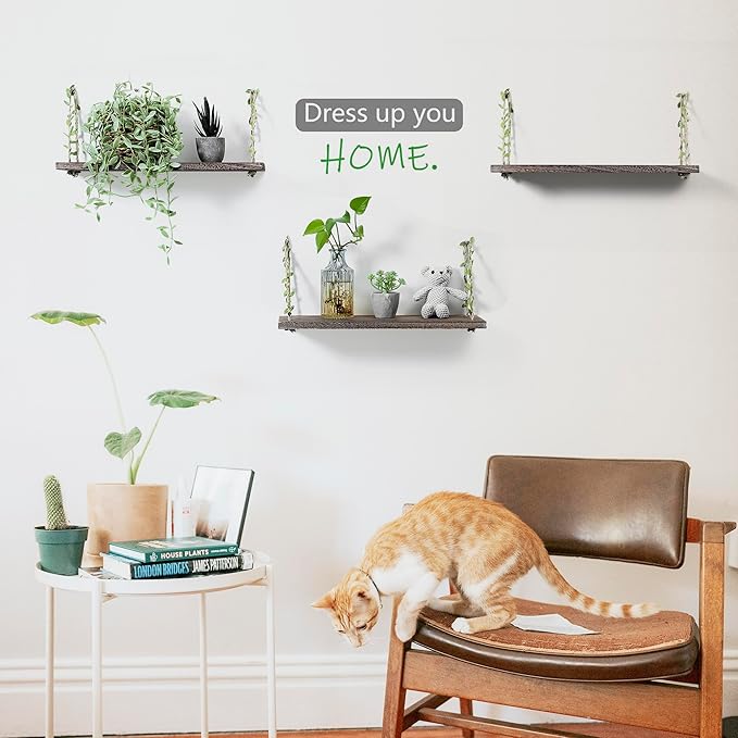 MITIME Leaf Rope Hanging Floating Shelves, Wall Swing Storage Shelf for Home Decor.17, 3-Pack (Retro Color)