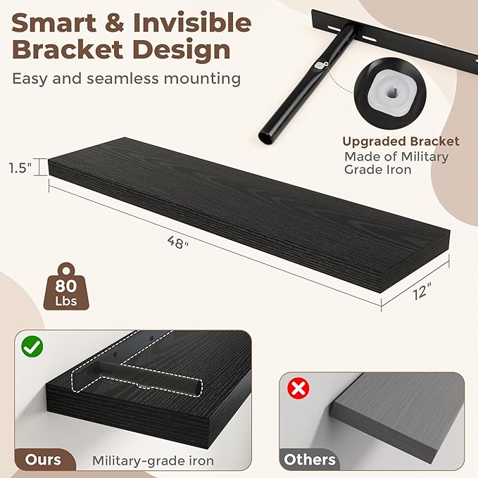 Fun Memories 12 Inch Deep Floating Shelves, 48 x 12 Floating Shelves for Wall Set of 2, Extra Deeper Hanging Wood Wall Shelves for Bedroom, Living Room, Kitchen, Black