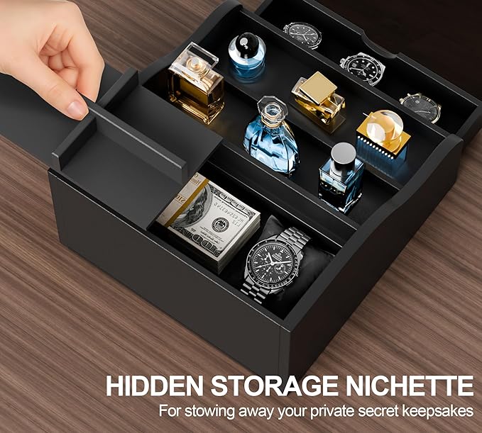 Perfume Organizer for Men，4 Tier Cologne Organizer for Men，Wood Cologne Stand with 2 Drawer and Hidden Storage for Watch, Jewelry, Perfume Display Risers, A Gifts for Man (Black)