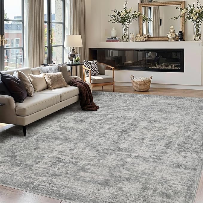 Rugxara 8x10 Area Rugs for Living Room, Large Washable Rug, Grey Vintage Abstract Boho Rug, Non Slip & Low Pile Faux Wool Carpet for Indoor Dining Room, Farmhouse and Bedroom(Grey 8x10ft)