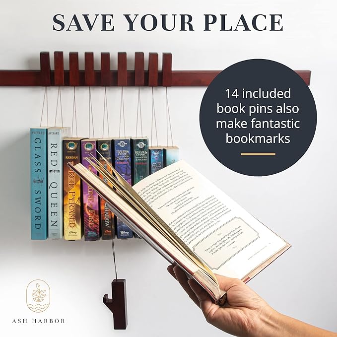 Ash Harbor Floating Wall Bookshelf - Wall Mounted Book Organizer with Included Bookmarks - Hardwood Hanging Bookshelf for Bedroom, Living Room, or Kitchen - A Thoughtful Gift for Book Lovers (Dark)