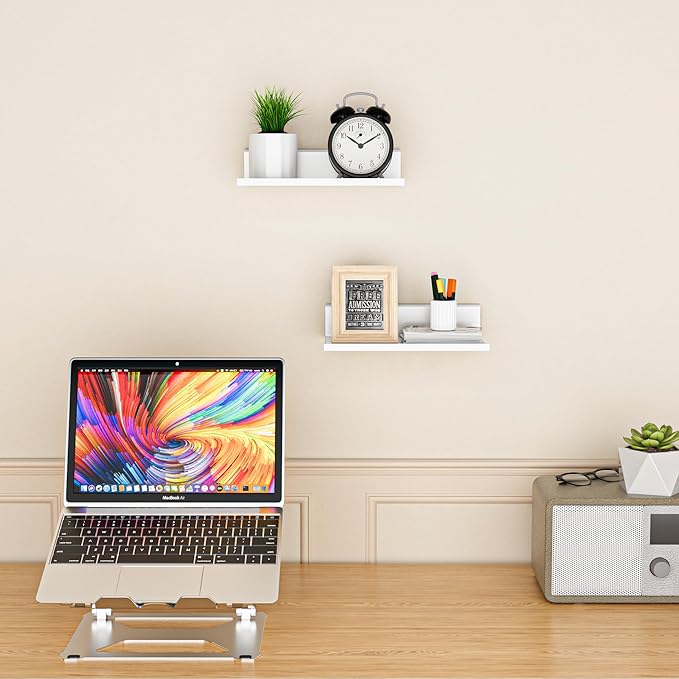Wisfame Small Floating Shelves for Wall, Metal Adhesive Wall Shelf 2 Pack, Modern Display Shelf for Living Room, Bedroom, Bathroom Decor (White, 8 Inch)