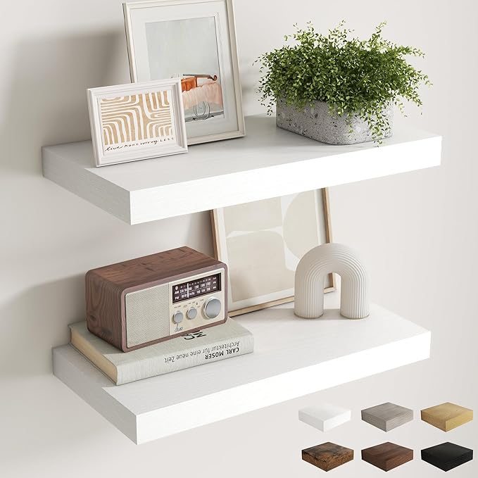 12 Inch Deep Floating Shelves for Wall, 24 x 12 Rustic Wood Grain Bathroom Shelves with Invisible Brackets, Easy Install Wood Storage Shelves for Kitchen, Living Room, Bedroom, White, Set of 2