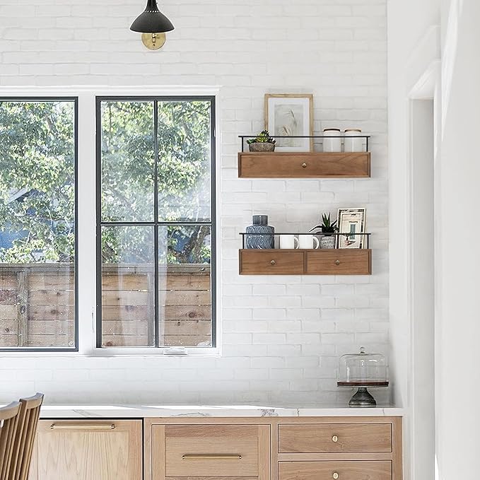 Floating Shelves for Wall Storage, Wall Mounted Bathroom Shelf with Drawers Set of 2, Rustic Wood Floating Drawers for Living Room, Kitchen, Home Decor, Plants, Books