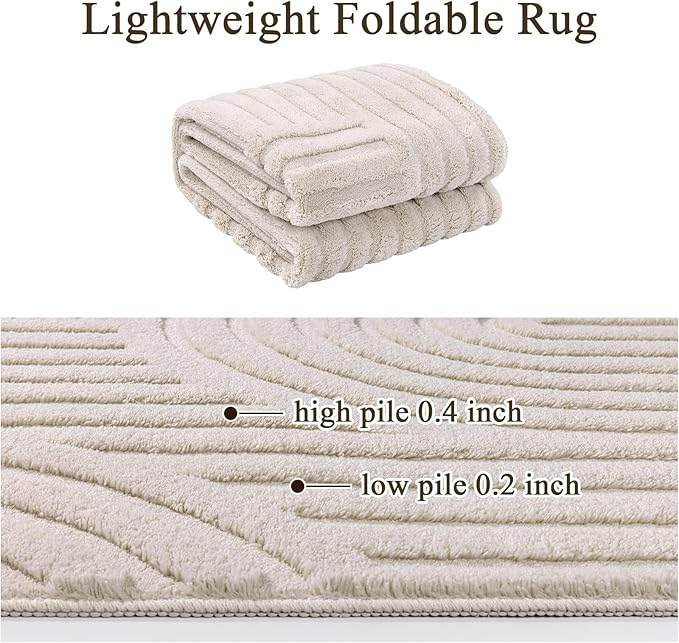 SHACOS Soft Cozy Fluffy Arch Rugs 4'x5'3" Non Slip Washable Modern Geometric Area Rug High Low Pile Stain Resistant Contemporary Carpet for Living Room Bedroom Dining Room, Beige