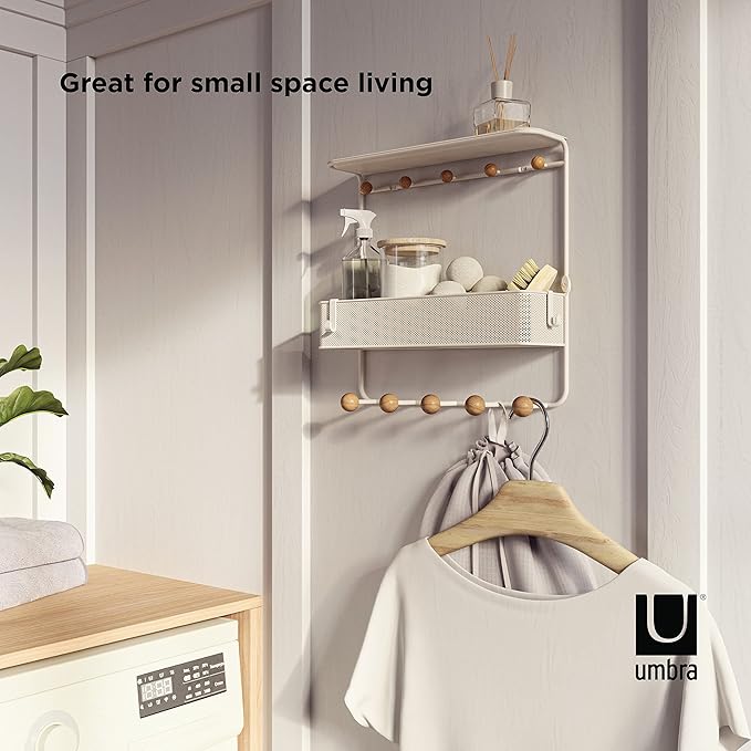 Umbra Estique Entryway Organizer Storage Solution with Cubby Bin, Shelf and Hooks for Keys, Mail, Glasses, Wallet, Purse, Hat, and More, White