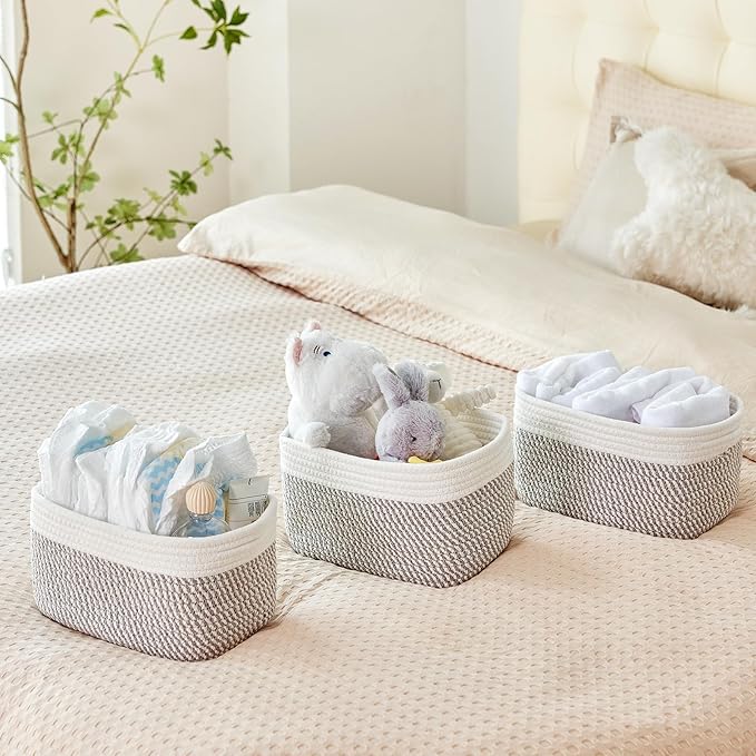 R RUNKA Small Cotton Rope Basket – Storage Bin for Organizing (10.6" x 6.7" x 6.7"), Bathroom Storage Basket for Shelf, Counter & Closet（White & Mixed Grey）