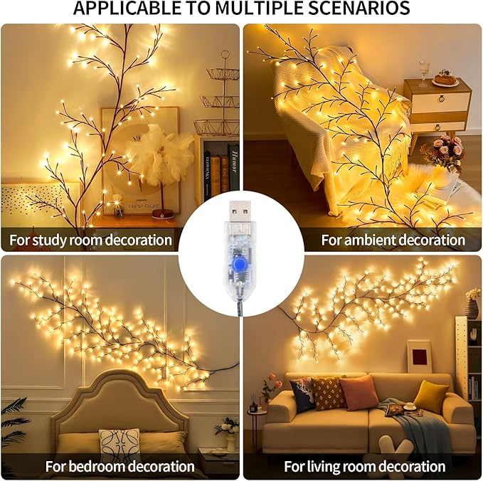 FNHMSL Enchanted Willow Vine Lights 7.55FT 144LED 2 PCS Brown Tree Branch Lights for Wall, Remote Timer,8 Light Model,Bedroom Wall Doors Wedding, Christmas, USB Battery Box