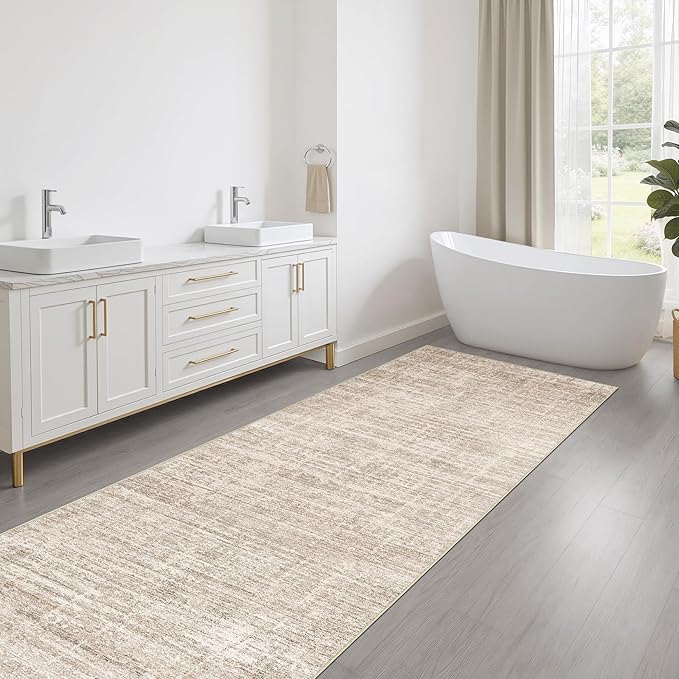 Runner Rug Non-Slip Kitchen Rug: 3x10 Washable Abstract Modern Soft Stain Resistant Indoor Floor Neutral Accent Throw Carpet for Hallway Bathroom Laundry Room Bedroom Entryway- Beige