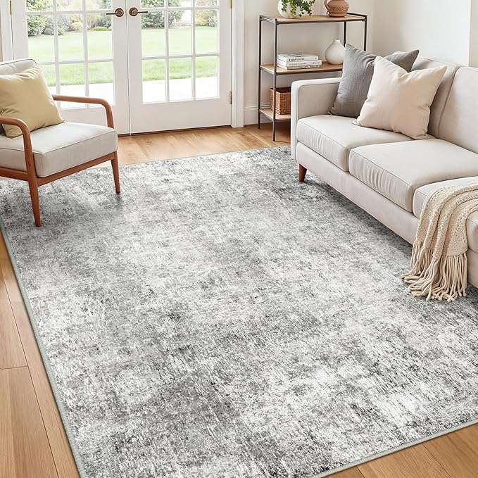 RELEANY Washable Area Rugs 6'x9' Non-Slip Modern Abstract Soft for Living Room Entryway Bedroom Nursery, Print Pattern, Gray White Grey