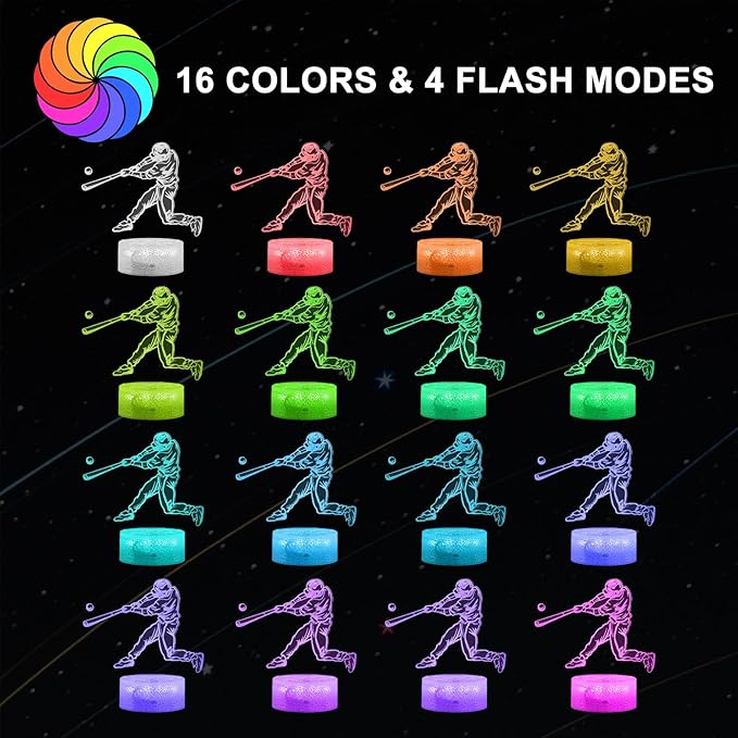 Baseball Gifts for Boys 8-12 3D Lamp Night Light with Remote & Touch Control, 16 Colors Changing + 4 Changing Mode Brightness Room Decor Christmas Birthday Gifts for Kids Boys Girls Sport Fans