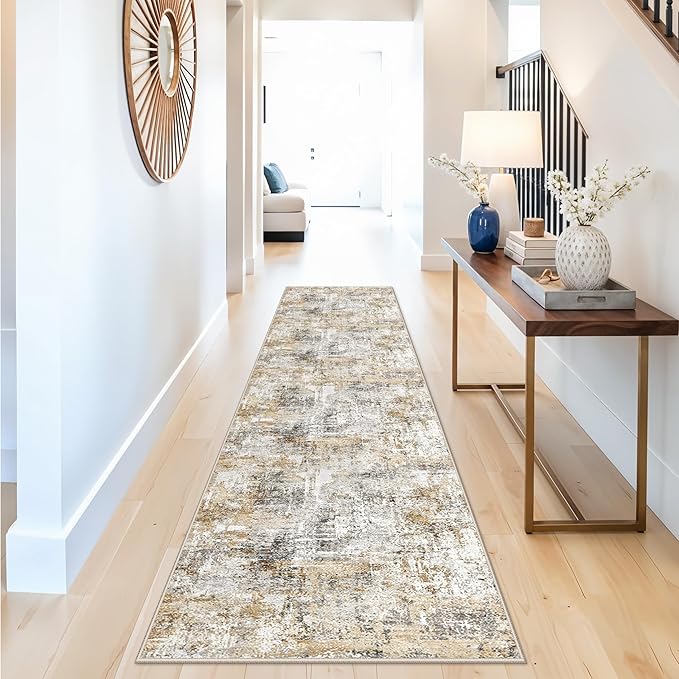 2x10 Ft Long Runner Rug for Hallway – Non-Slip Washable Floor Runner for Kitchen Indoor Entryway, Bedroom, Living Room,Modern Abstract Low-Pile Thin Carpet （Gold Grey）