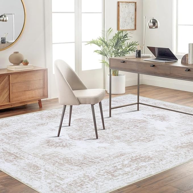 XLUEZ Area Rug 4x6 Vintage Rug, Machine Washable Vintage Distressed Medallion Rug Non-Slip Soft Low Pile Large Indoor Rugs for Bedroom Kitchen Dining Room Office(Beige,4'x6')