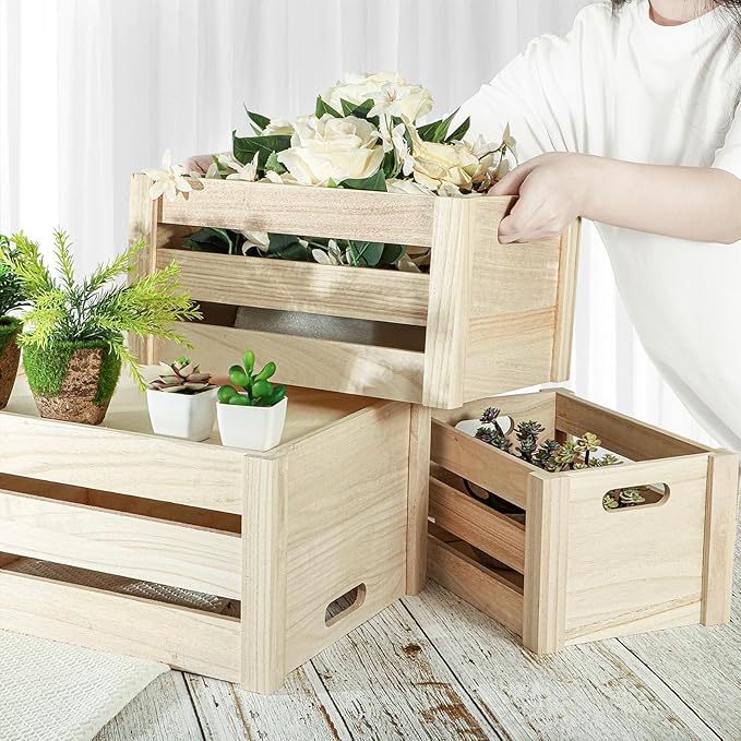 Wooden Crate,Large Nesting Wood Crates with Handles , Decorative Hand Crafted Box Rustic boxes Storage Container for Display, Decor, 2 Side Wooden Clauses. Baskets-Burlywood，Set of 3