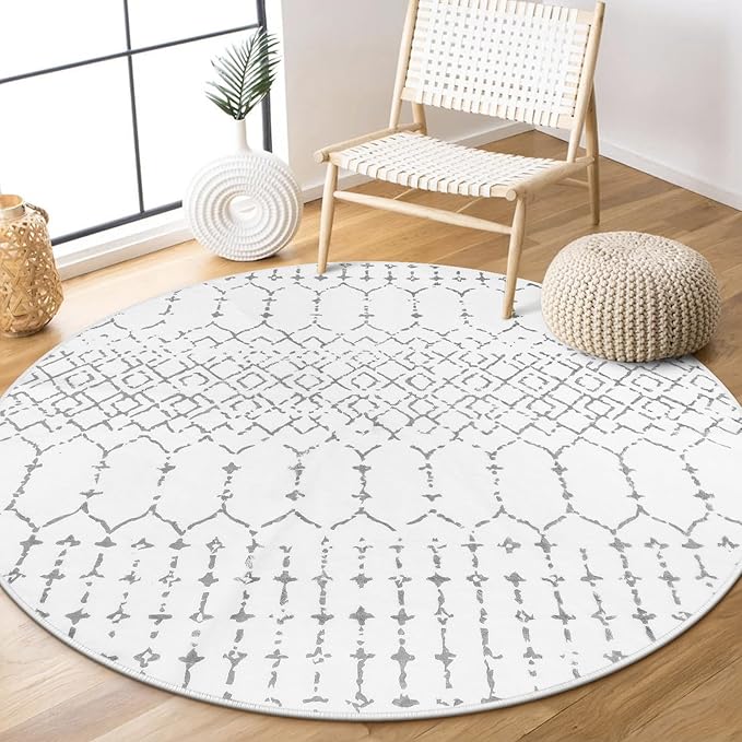 Lahome Moroccan Round Rugs 4Ft Washable Non-Slip Small Round Area Rug for Bedroom Soft White Low-Pile Round Throw Rug, Modern Geometric Print Indoor Circle Rugs for Kitchen Living Room Nursery Hana