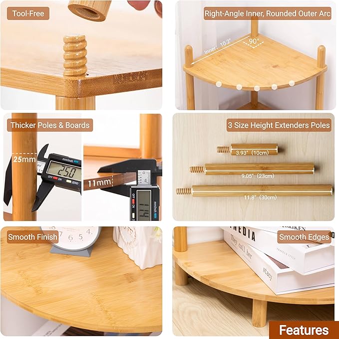 3-Tier Expandable Bamboo Corner Shelf Stand,Corner Bookshelf, Display Storage Shelves with Open Shelves, for Organization and Storage, Living Room, Home Office, Garage (1, Natural, 3-Tier)