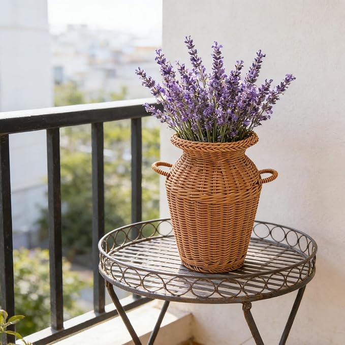 LABRIMP Creative Rattan Woven Vase 9 Inch Brown Decorative Flower Basket for Home Office Rustic Centerpiece Artificial Flower Holder