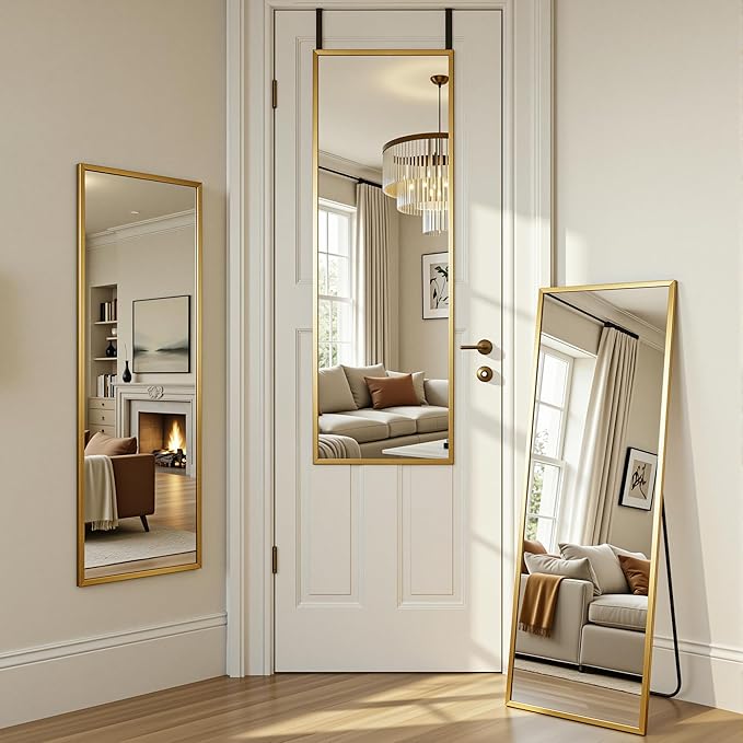 Antok 48''x 14'' Full Length Mirror Over Door, 4-in-1 Standing Leaning Wall Mounted, Adjustable Hanging Mirror for Bedroom Living Room, Gold, Rect Corner