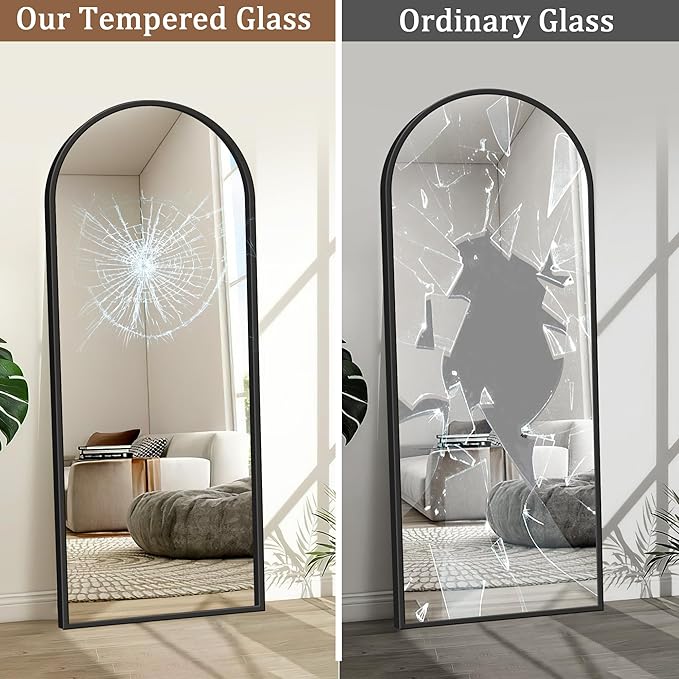 GlasFlength Full Length Mirror with Stand, 64"x21" Arched Full Body Mirror with Aluminum Alloy Frame, Wall-Mounted/Leaning Against Wall/Standing Floor Mirror for Bedroom, Living Room, and Entryway