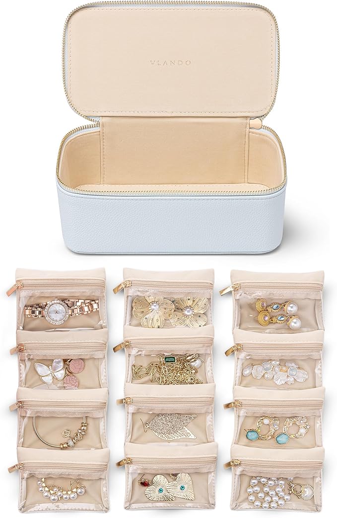 Vlando Jewelry Travel Case,Travel Jewelry Organizer with Clear Velvet Jewelry Bags 12Pcs Zipper Pouch for Women Girls-Baby Blue