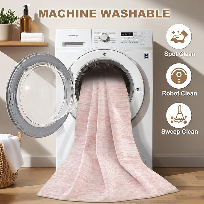 Nakagishi 6X9 Area Rugs Living Room: Washable Large Vintage Rug Neutral Non-Slip Soft Stain Resistant Indoor Carpet for Bedroom Nursery Dining Room Office Playroom - Pink-01