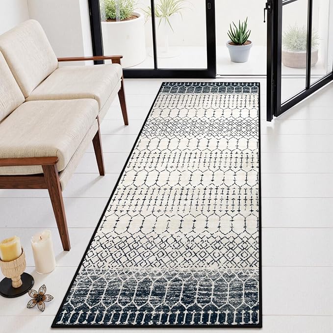 Lahome Moroccan Hallway Runner Rug, Washable Black 2x8 Rug Runner Ultra-Thin Stain Resistant Kitchen Carpet with Rubber Backing Non Slip, Geometric Print Floor Carpet Mat for Entryway Bedroom Hana